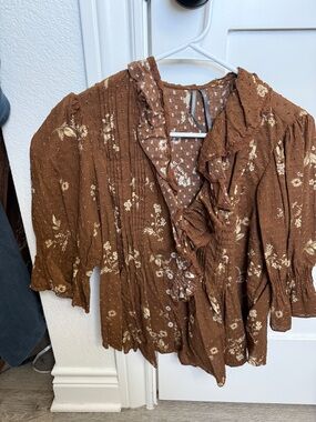 Brown Floral Anthropologie Ruffle Button-Front Women’s Top XS